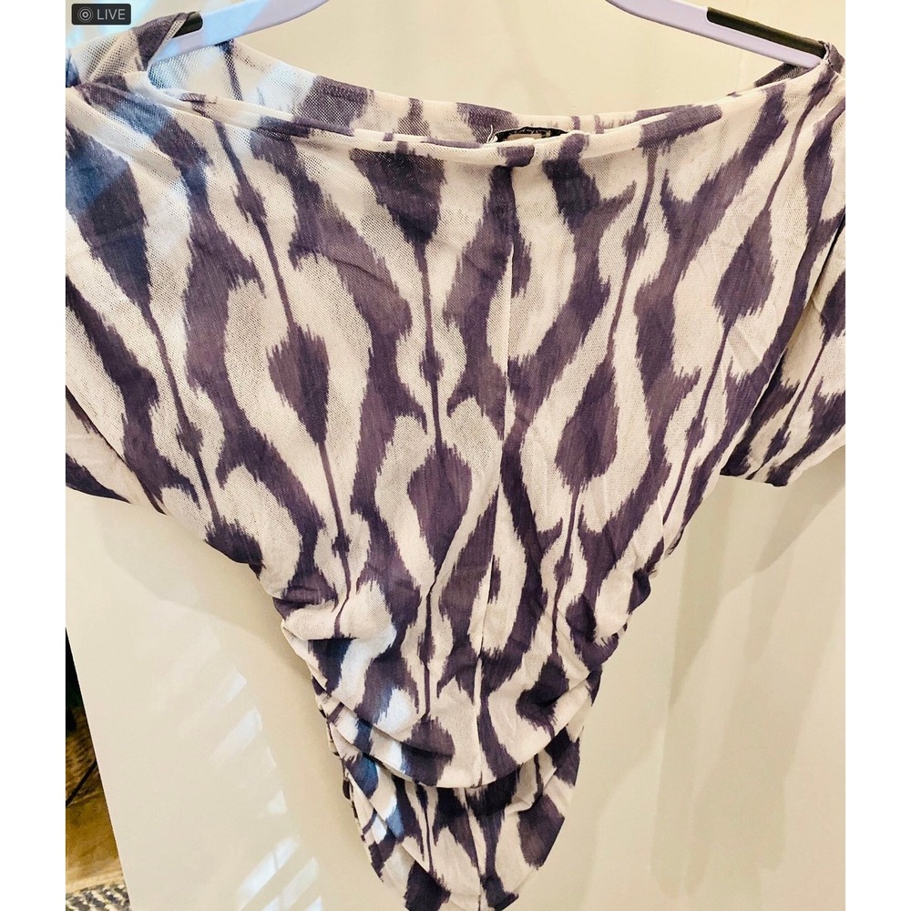 Cache Purple White Ikat‎ Mesh Dolman Sleeve Blouse XS Sheer Ruched Top